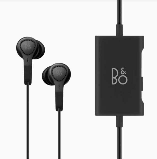 Bang & Olufsen wired in-ear headphones with inline control module displayed on a white background