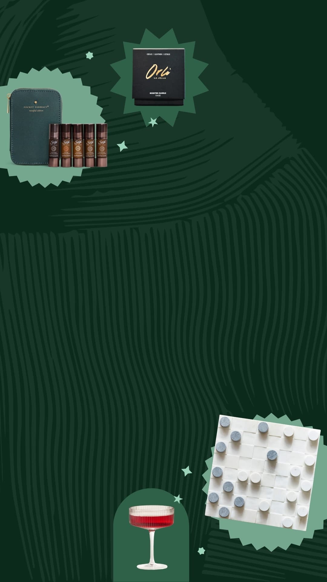 Dark green textured graphic background featuring floating illustrated elements, including branded icons and decorative design accents